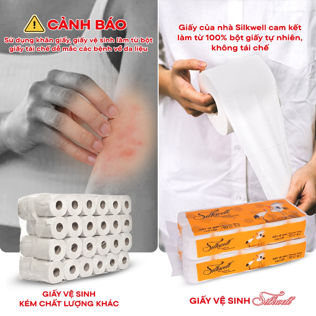 Giấy vệ sinh Silkwell Sếu 10 cuộn 4 lớp dày dặn, giấy vệ sinh cao cấp có khả năng  tự tan trong nước