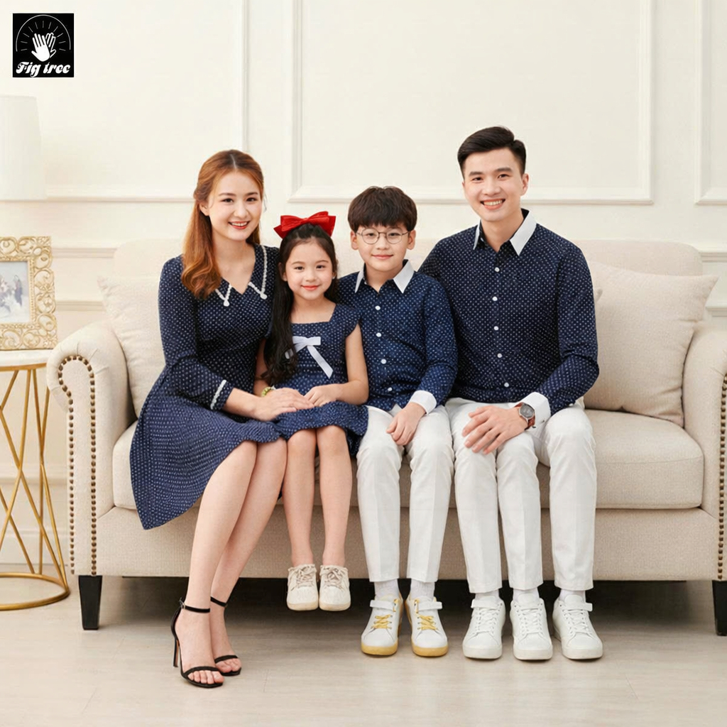 Đồng Phục Gia Đình Fig Tree Chấm Bi Xanh Phối Trắng Đi Tiệc, Đi Chơi, Chụp hình,Hàng Thiết Kế,MS 162