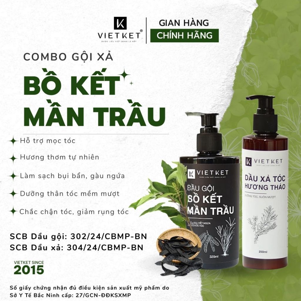 [COMBO GỘI + XẢ] Dầu gội Bồ kết Mần trầu & Dầu xả Hương Thảo VIETKET -  Làm Sạch Đầu, Giảm Gàu Ngứa, Hỗ Trợ Mọc Tóc