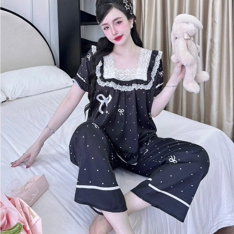 Đồ bộ đồ mặc nhà lụa Latin,đồ ngủ đẹp cho nữ,đồ ngủ ngắn tay tiểu thư mịn mát hoạ tiết dễ thương[76]