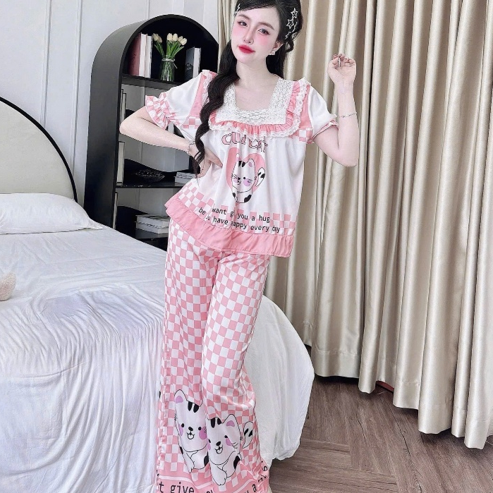 Đồ bộ đồ mặc nhà lụa Latin,đồ ngủ đẹp cho nữ,đồ ngủ ngắn tay tiểu thư mịn mát hoạ tiết dễ thương[76]