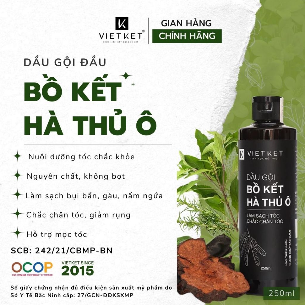 Dầu Gội Bồ Kết Hà Thủ Ô - KHÔNG BỌT VIETKET 250ml - Giảm Gàu, Giảm Nấm, Giảm Ngứa, Hỗ Trợ Mọc Tóc, Dưỡng Mềm Tóc