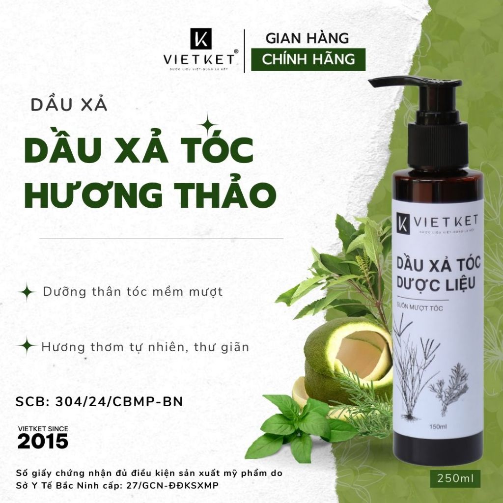 Dầu Xả Tóc Thảo Dược Hương Thảo VIETKET 250ml - Dưỡng Tóc Suôn Mượt, Cung Cấp Độ Ẩm, Giảm Hư Tổn Chẻ Ngọn