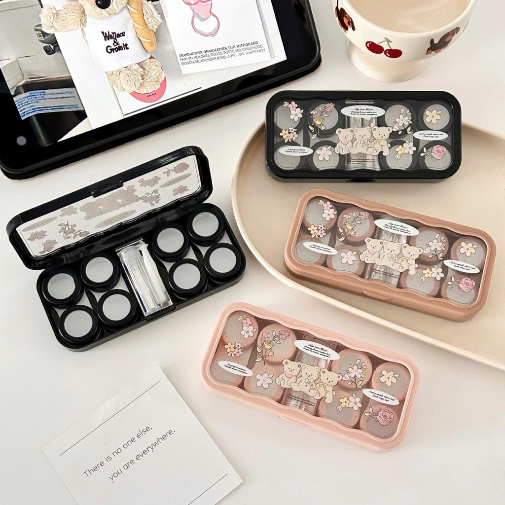 Khay 4  ô đựng lens Mèo đội nón gấu nâu thỏ dâu Muneyes