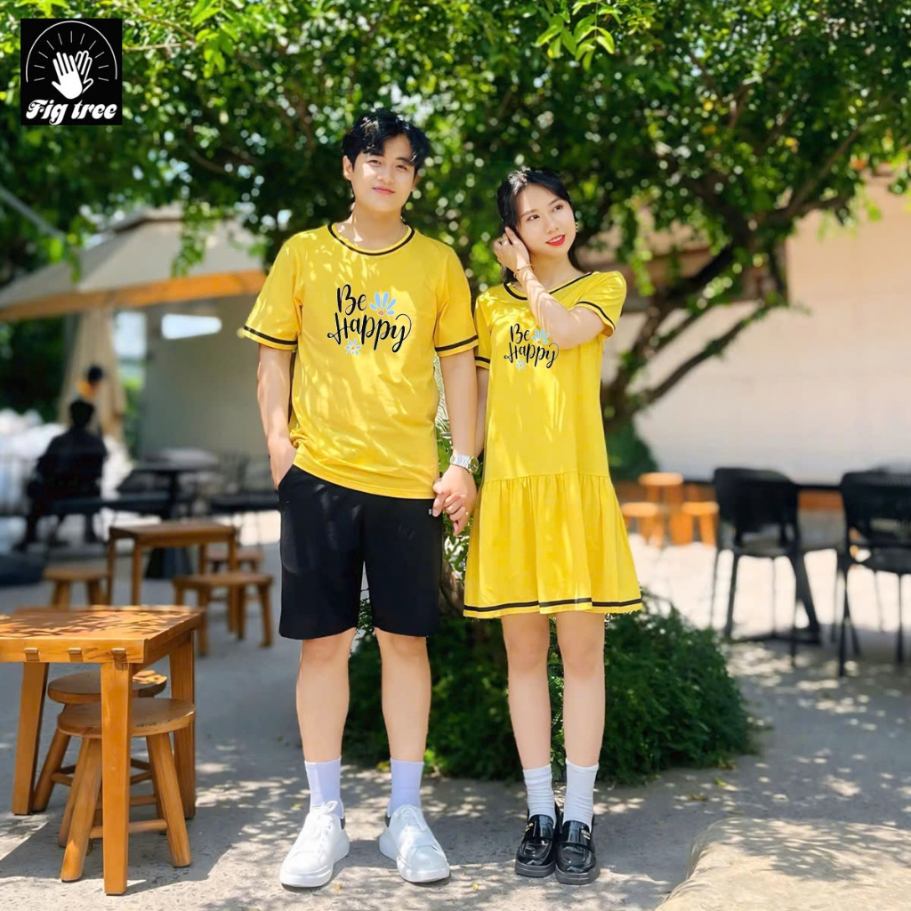 Set Áo Váy Thun Đôi Fig Tree Màu Vàng Phối Viền Đen Dễ Thương, in Be Happy, Chất Cotton Dày Dặn