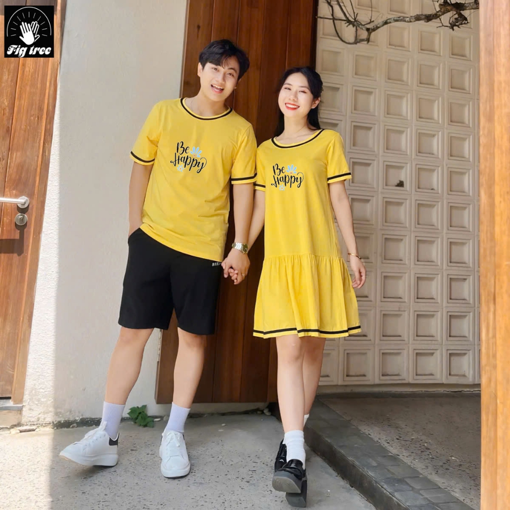 Set Áo Váy Thun Đôi Fig Tree Màu Vàng Phối Viền Đen Dễ Thương, in Be Happy, Chất Cotton Dày Dặn