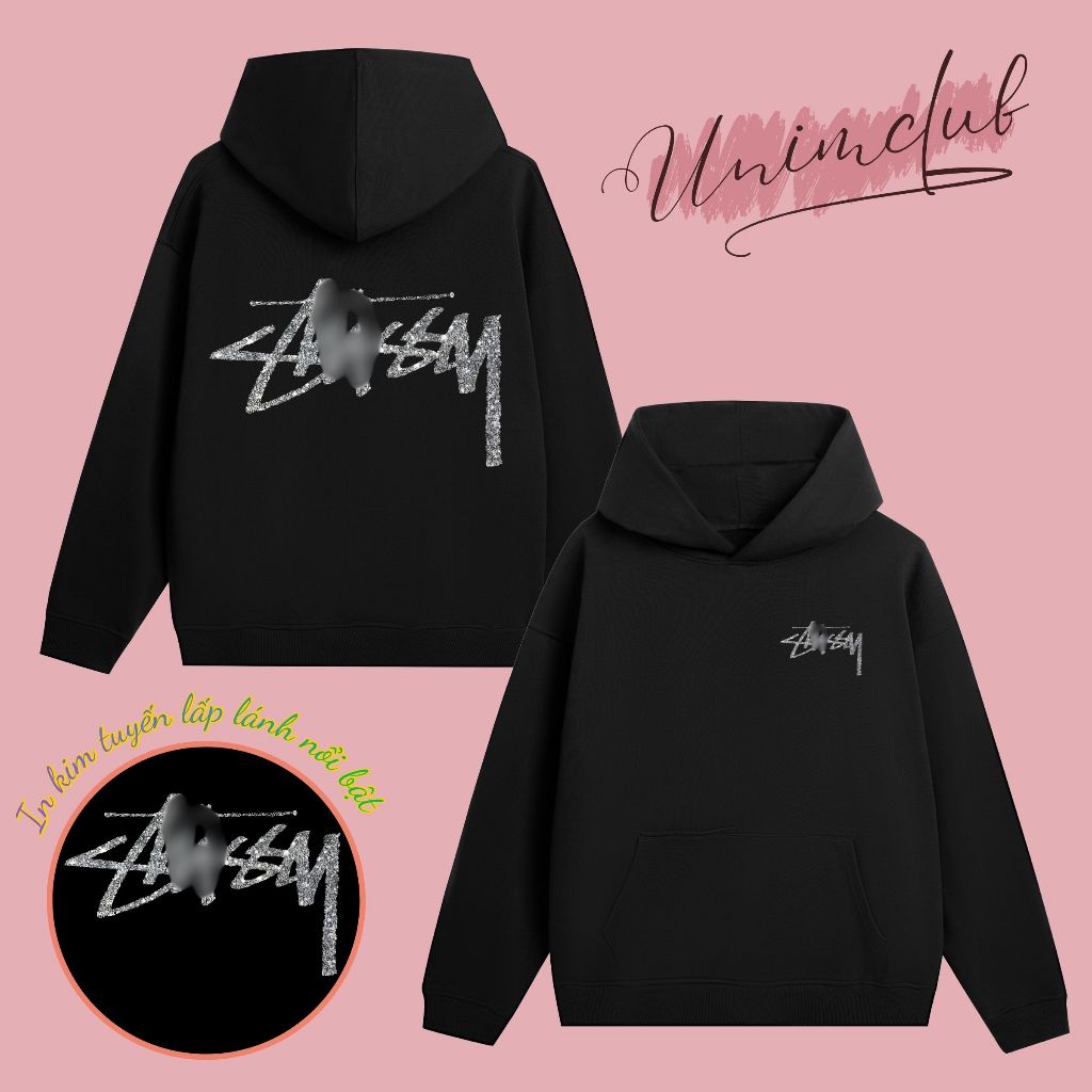 Áo Hoodie Stusxy In Kim Tuyến Lấp Lánh UnimStore Phong Cách Đường Phố Hàn Quốc Nỉ Chân Cua 350gsm