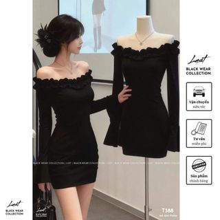 Đầm nữ trễ vai dài tay thiết kế ôm body tôn dáng LUST Váy nữ đen lệch vai dáng ngắn sang chảnh T388