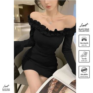 Đầm nữ trễ vai dài tay thiết kế ôm body tôn dáng LUST Váy nữ đen lệch vai dáng ngắn sang chảnh T388