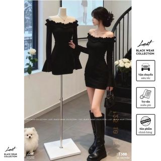 Đầm nữ trễ vai dài tay thiết kế ôm body tôn dáng LUST Váy nữ đen lệch vai dáng ngắn sang chảnh T388
