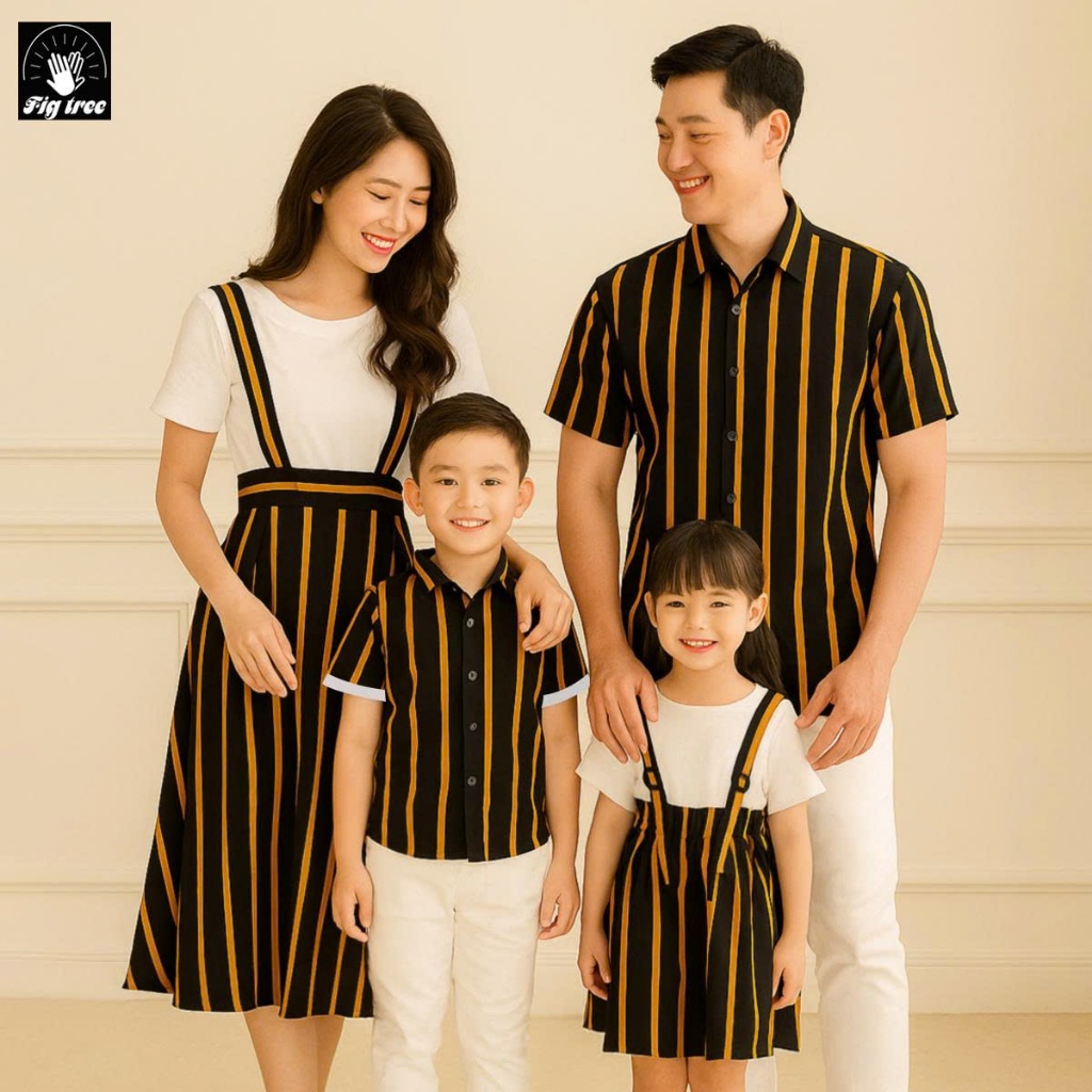 Đồ Gia Đình Fig Tree Sọc Vàng Đen, Áo Sơ Mi Nam , Set Yếm Nữ, Bé Gái Kèm Áo Thun Siêu XInh (Mã 161)
