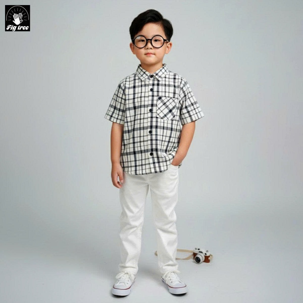 Áo Sơ Mi Bé Trai, Váy Bé Gái Fig Tree Caro Trắng Siêu Cute, Chất Cotton For Dày Dặn, Mã 172