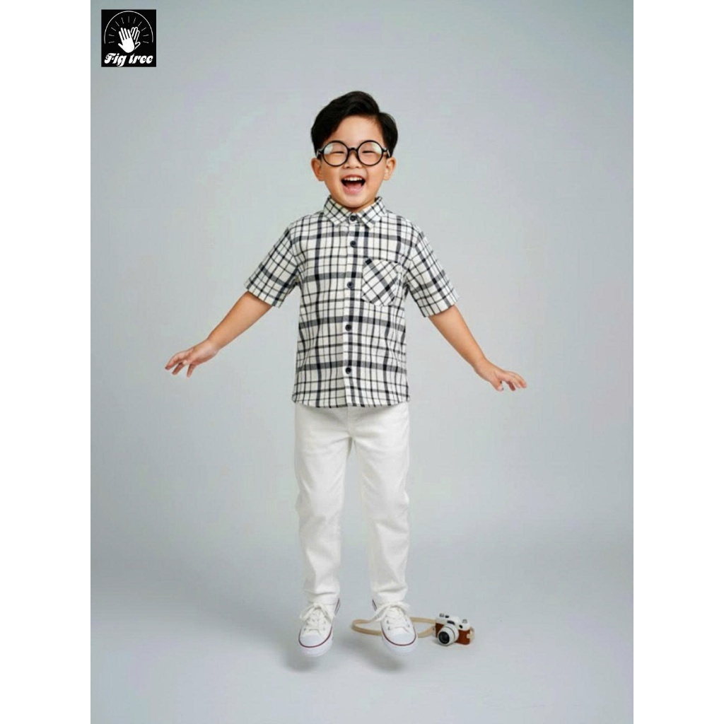 Áo Sơ Mi Bé Trai, Váy Bé Gái Fig Tree Caro Trắng Siêu Cute, Chất Cotton For Dày Dặn, Mã 172