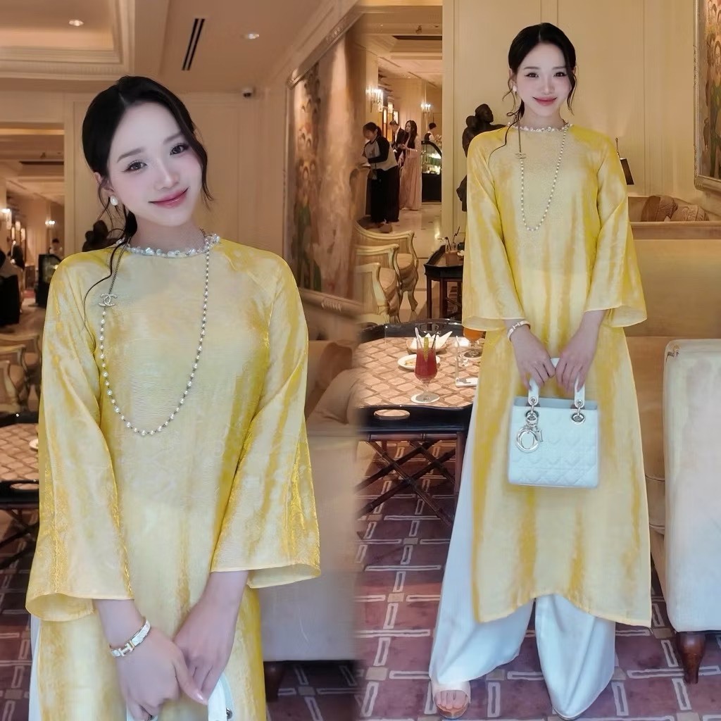 Áo dài Tường Xuân tơ tằm kèm quần lụa, áo dài cổ đính đá 1 lớp LABEL AD37
