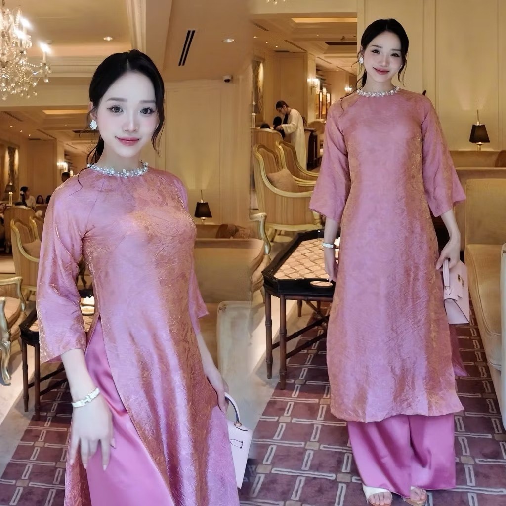 Áo dài Tường Xuân tơ tằm kèm quần lụa, áo dài cổ đính đá 1 lớp LABEL AD37