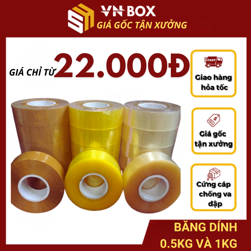 Băng dính đóng gói hàng 1kg, 0,5kg, băng keo siêu dính lõi mỏng trong suốt - VN BOX