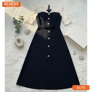 Đầm thiết kế BEMINE cổ chữ V phối tơ tay nhún dáng chữ A phù hợp đi làm, đi tiệc-B173
