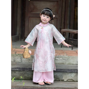 Set Áo Dài Bé Gái Cúc Chi Truyền Thống C6017 Kèm Quần Áo Dài Tết Chụp Ảnh Xuân Biểu Diễn Size 1-10 Tuổi 10-40kg