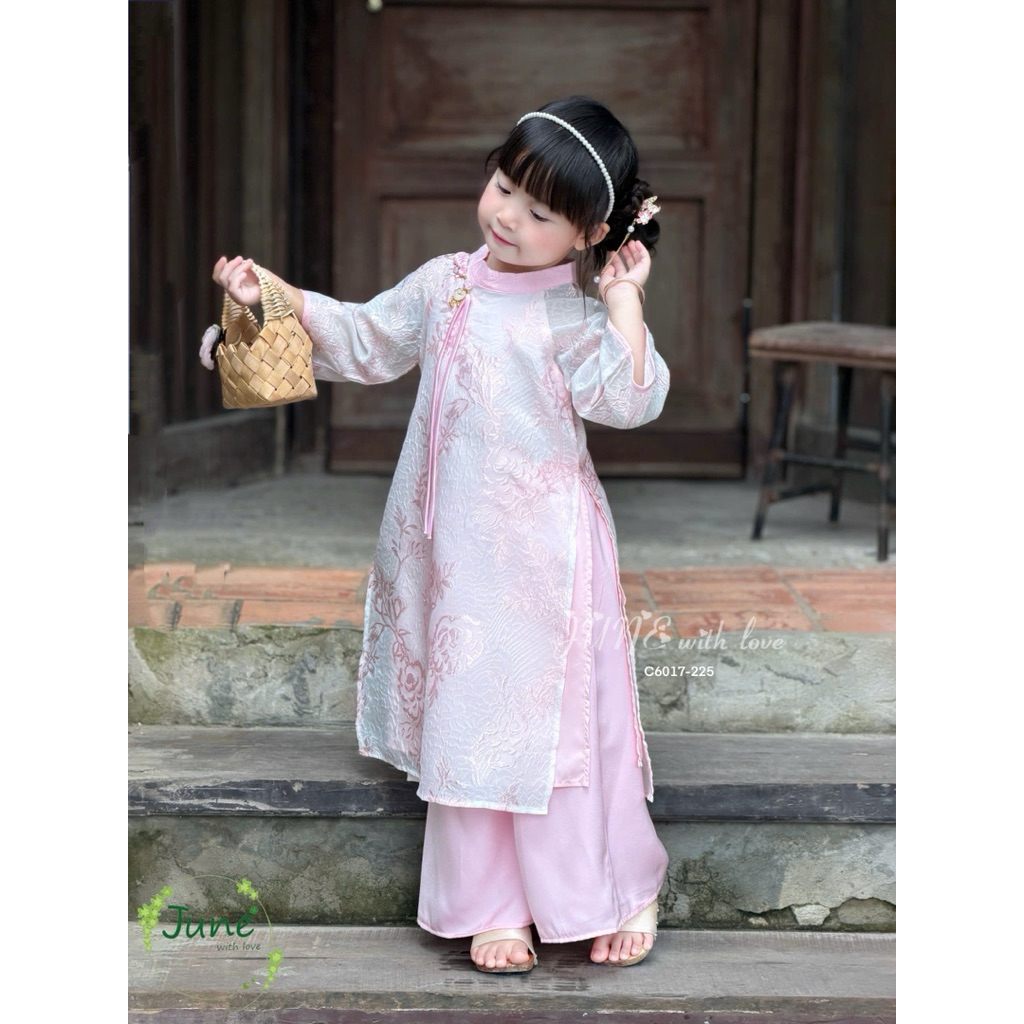 Set Áo Dài Bé Gái Cúc Chi Truyền Thống C6017 Kèm Quần Áo Dài Tết Chụp Ảnh Xuân Biểu Diễn Size 1-10 Tuổi 10-40kg