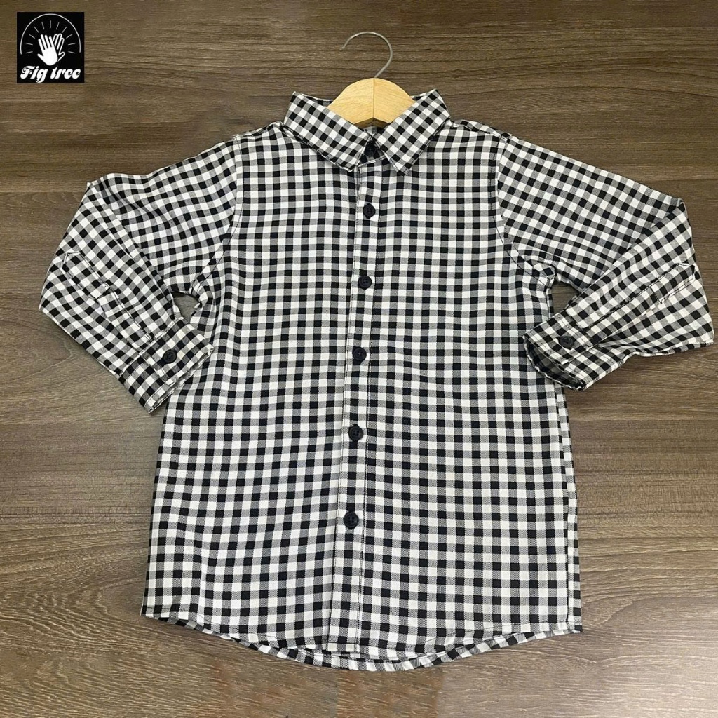 Áo Sơ Mi Bé Trai Fig Tree Caro Đen, Sơ Mi Cho Bé Đi Học, Đi Tiệc, Chất Cotton Dày Dặn