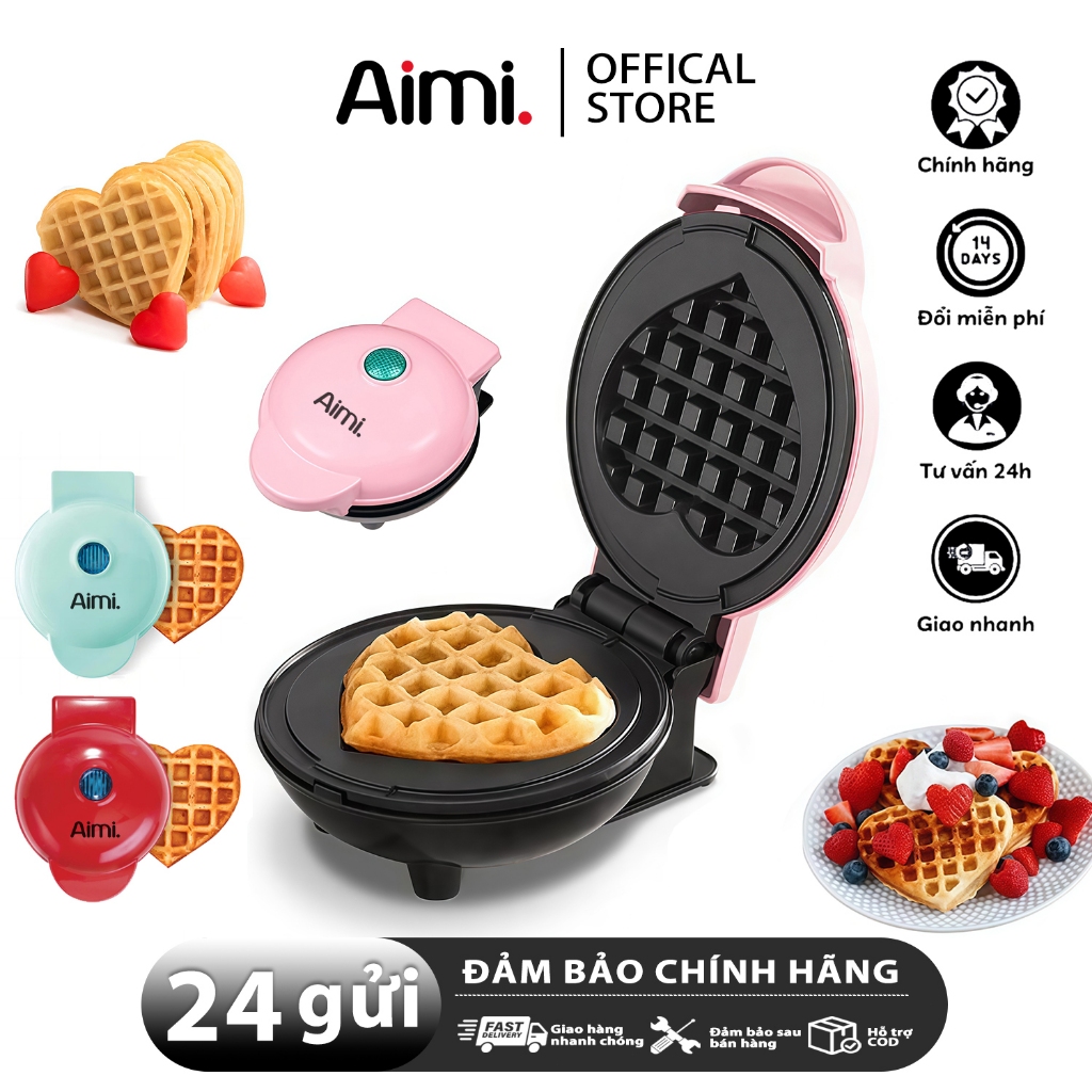 Aimi Máy Waffle Hình Trái Tim, Máy Nướng Bánh Mini 12x8cm, Hai Mặt Sưởi Ấm, Chảo Không Dính,  Đa Dạng Loại Bánh