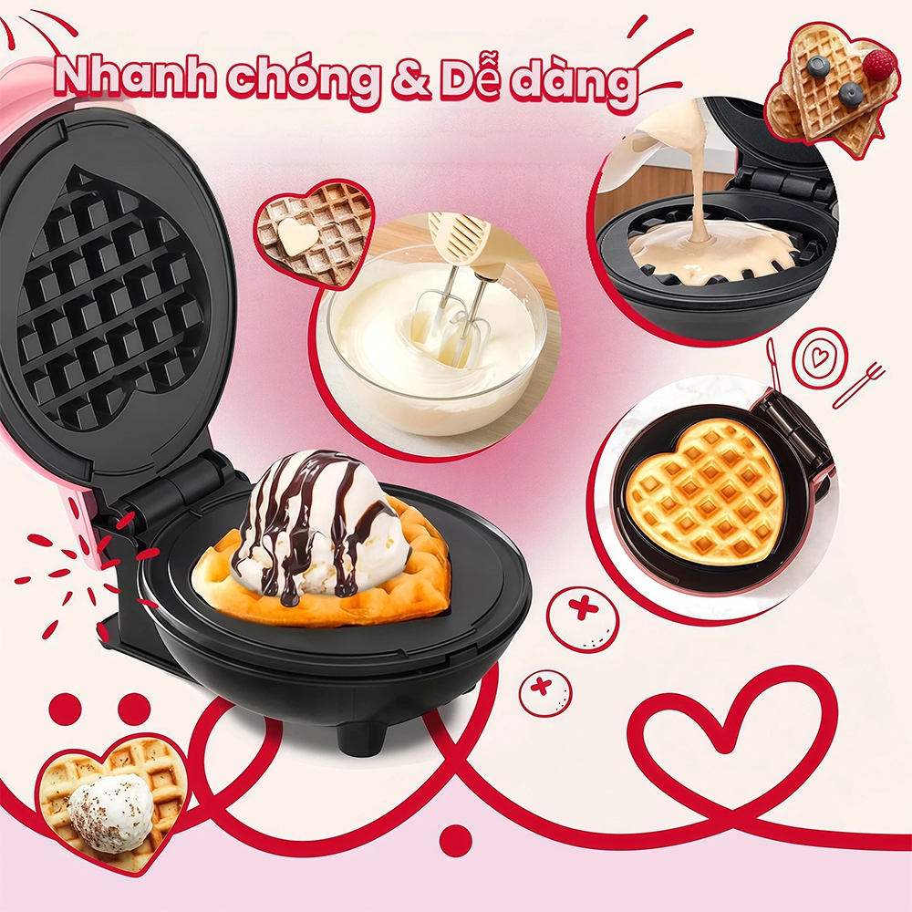 Aimi Máy Waffle Hình Trái Tim, Máy Nướng Bánh Mini 12x8cm, Hai Mặt Sưởi Ấm, Chảo Không Dính,  Đa Dạng Loại Bánh