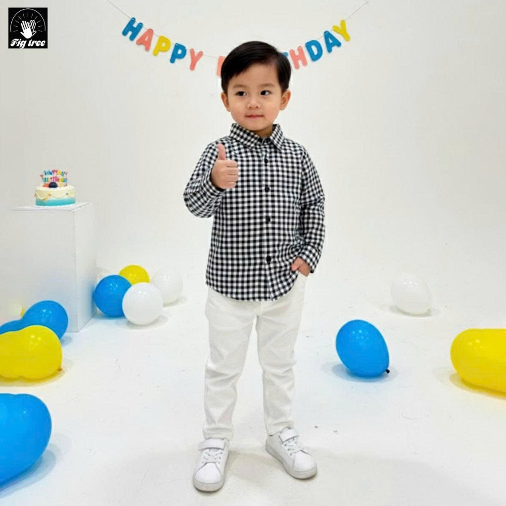 Áo Sơ Mi Bé Trai Fig Tree Caro Đen, Sơ Mi Cho Bé Đi Học, Đi Tiệc, Chất Cotton Dày Dặn