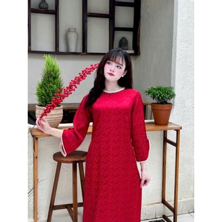 Áo dài cách tân Uyển Ân dáng suông gấm lụa Tết, thiết kế sang trọng sẻ tay, đính kết cổ kèm quà tặng