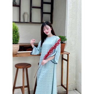 Áo dài cách tân Uyển Ân dáng suông gấm lụa Tết, thiết kế sang trọng sẻ tay, đính kết cổ kèm quà tặng