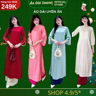 Áo dài cách tân Uyển Ân dáng suông gấm lụa Tết, thiết kế sang trọng sẻ tay, đính kết cổ kèm quà tặng