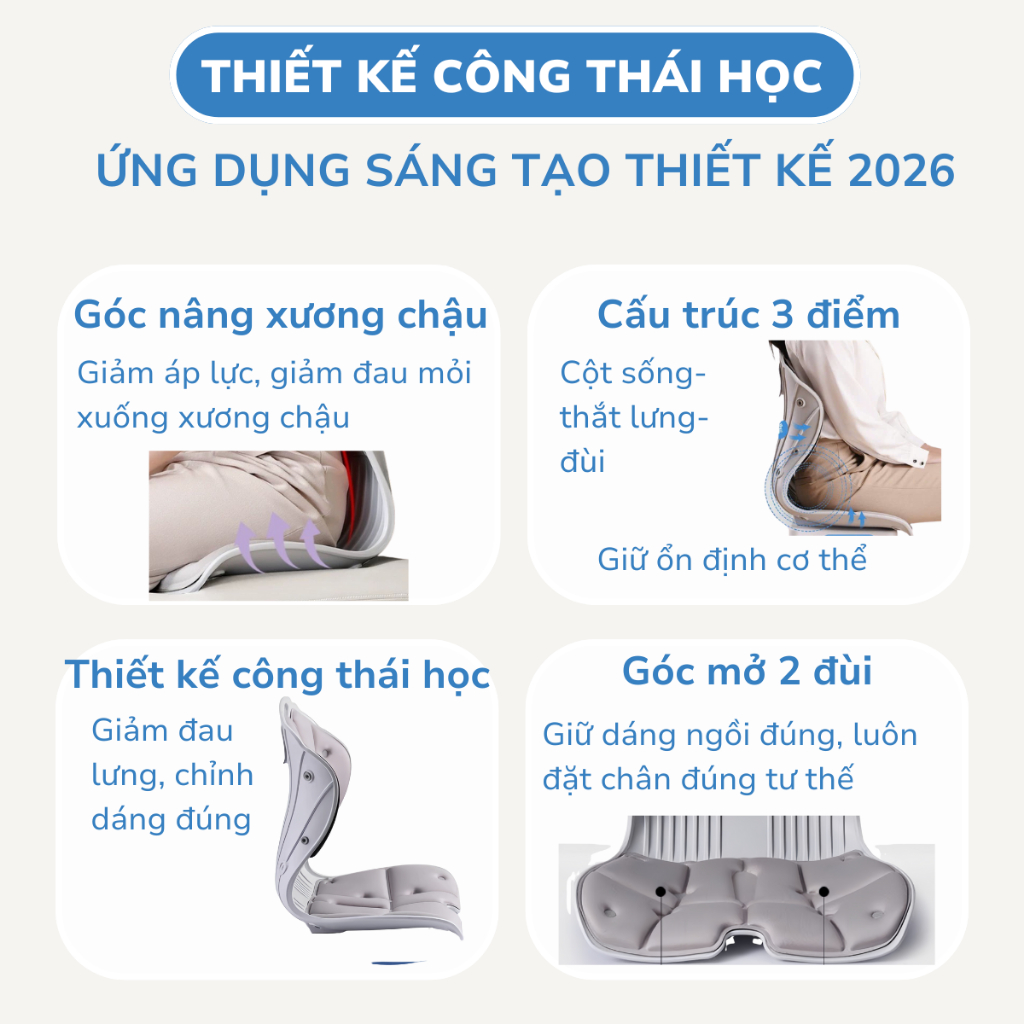 Ghế Bệt Tựa Lưng VỎ SÒ có gối tựa, chỉnh dáng ngồi đúng, bản công thái học, thư giãn cột sống CTH-01