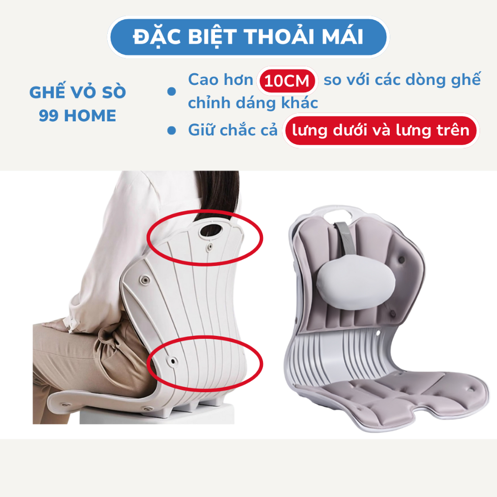 Ghế Bệt Tựa Lưng VỎ SÒ có gối tựa, chỉnh dáng ngồi đúng, bản công thái học, thư giãn cột sống CTH-01