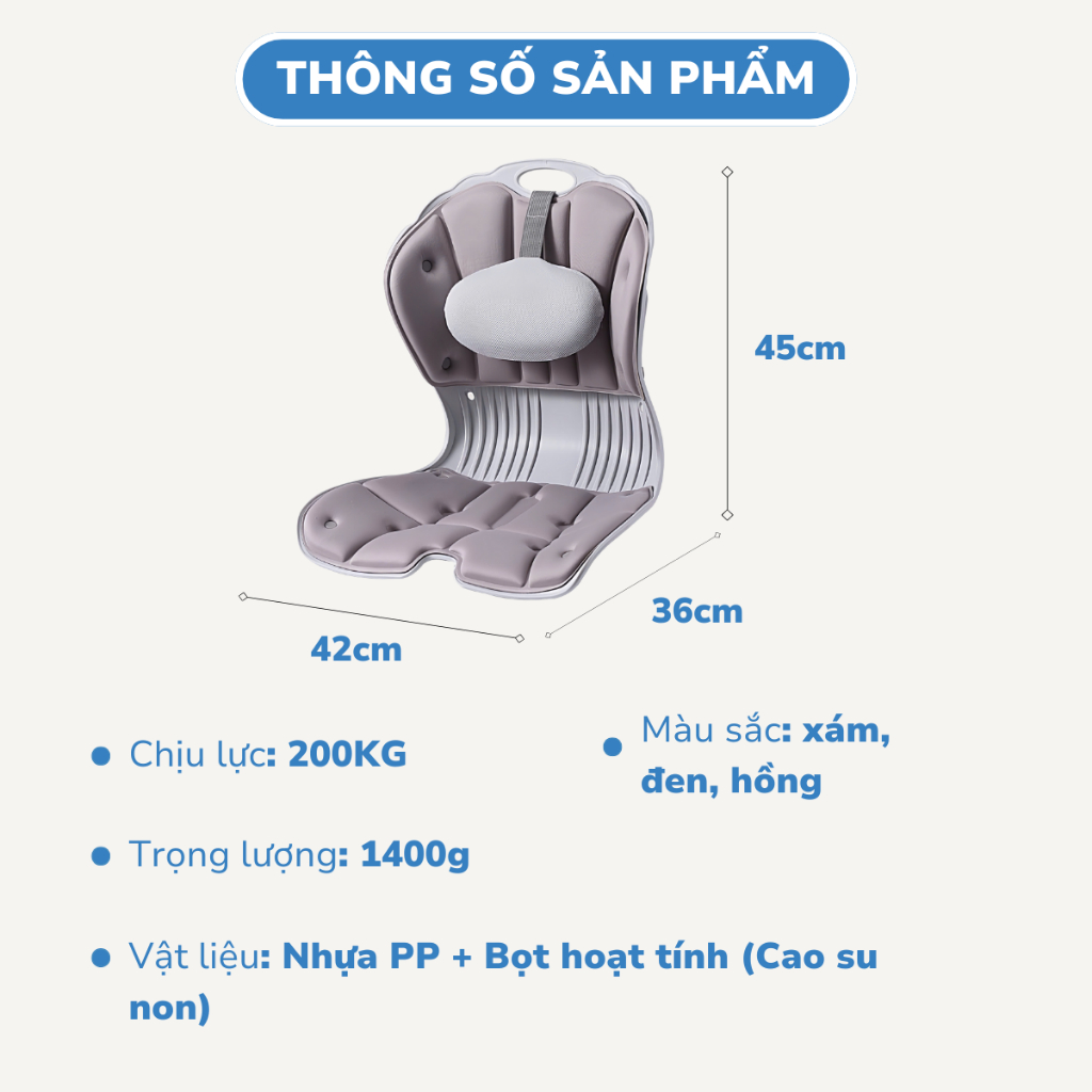 Ghế Bệt Tựa Lưng VỎ SÒ có gối tựa, chỉnh dáng ngồi đúng, bản công thái học, thư giãn cột sống CTH-01