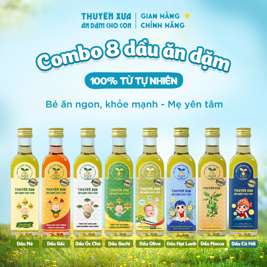 [Combo 8] Dầu Mè – Gấc – Óc Chó – Sachi – Olive – Hạt Lanh – Macca – Cá Hồi Ăn Dặm Thuyền Xưa – 65ml