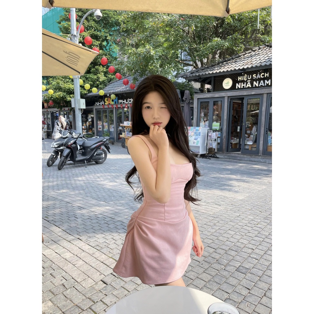 (Có Sẵn) Đầm Nữ Dây Xòe Cổ Vuông Hucki SECODEE