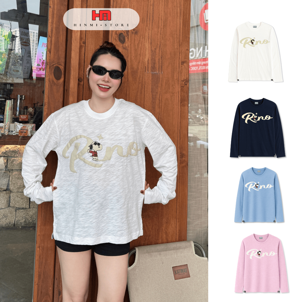 Áo Thun Dài Tay HINMI Form Rộng_In Phồng Dòng Chữ VÀ Hình Chú Chó Dễ Thương_Chất Cotton Xược (TAY DÀI CHỮ &SNUPY)