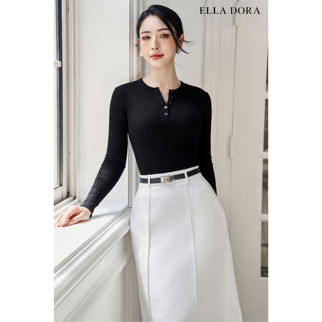 Áo thun nữ ELLA DORA cổ tròn phối nhiều cúc form gọn thanh lịch 4 màu TRẮNG/ĐEN/ ĐỎ/ GHI [AT40]