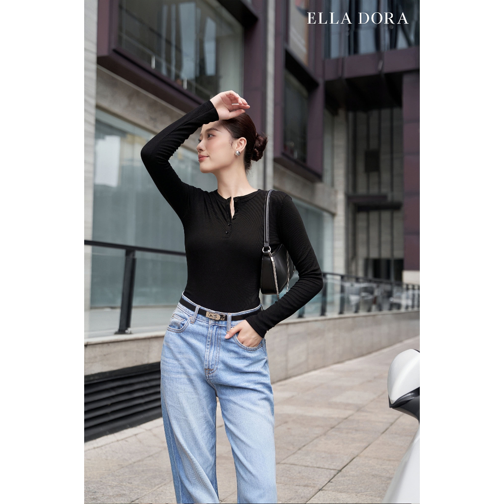 Áo thun nữ ELLA DORA cổ tròn phối nhiều cúc form gọn thanh lịch 4 màu TRẮNG/ĐEN/ ĐỎ/ GHI [AT40]
