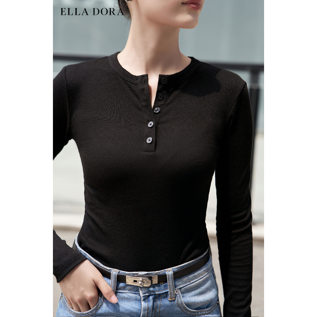 Áo thun nữ ELLA DORA cổ tròn phối nhiều cúc form gọn thanh lịch 4 màu TRẮNG/ĐEN/ ĐỎ/ GHI [AT40]