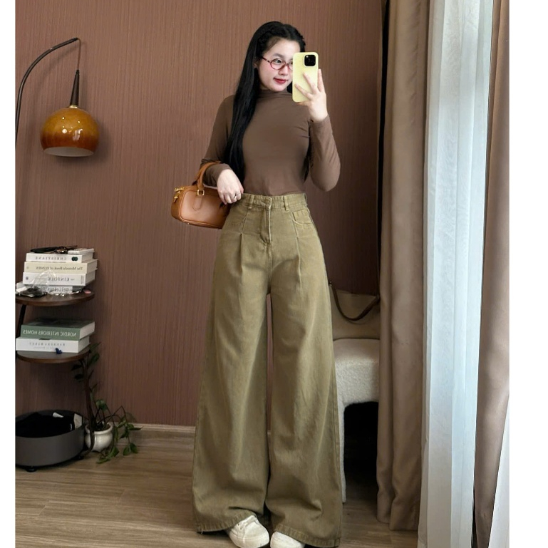 Quần jeans nữ trơn Joolate ống suông rộng xếp ly che khuyết điểm chất denim mền cao cấp