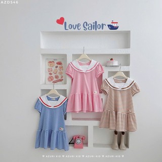 Đầm Thun Bé Gái Love Sailor Cổ Thủy Thủ AZD546 - Đầm Sọc Ngang Cotton Co Giãn