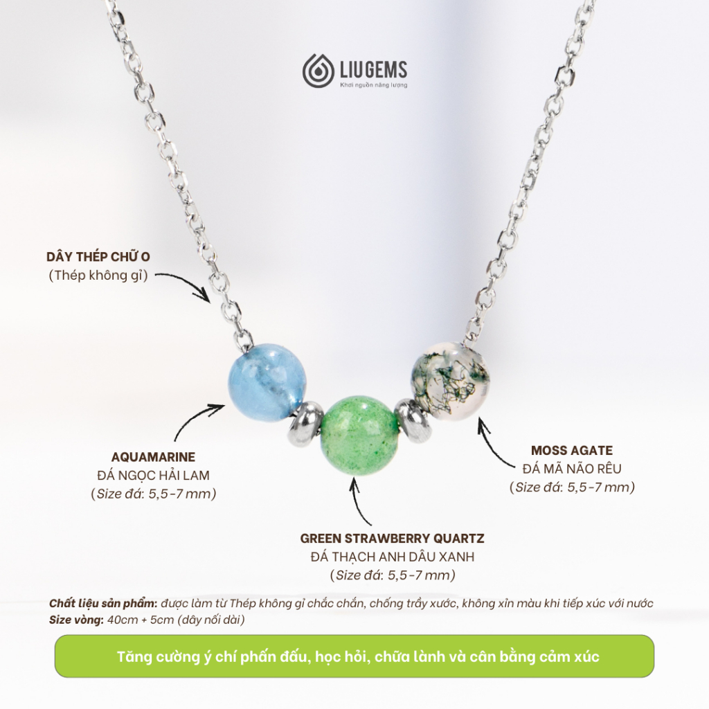 Dây Chuyền Thép Không Gỉ Mix 3 Viên Đá Tự Nhiên Liugems Theo Năng Lượng Kim Thủy Mộc Hỏa Thổ DCT03