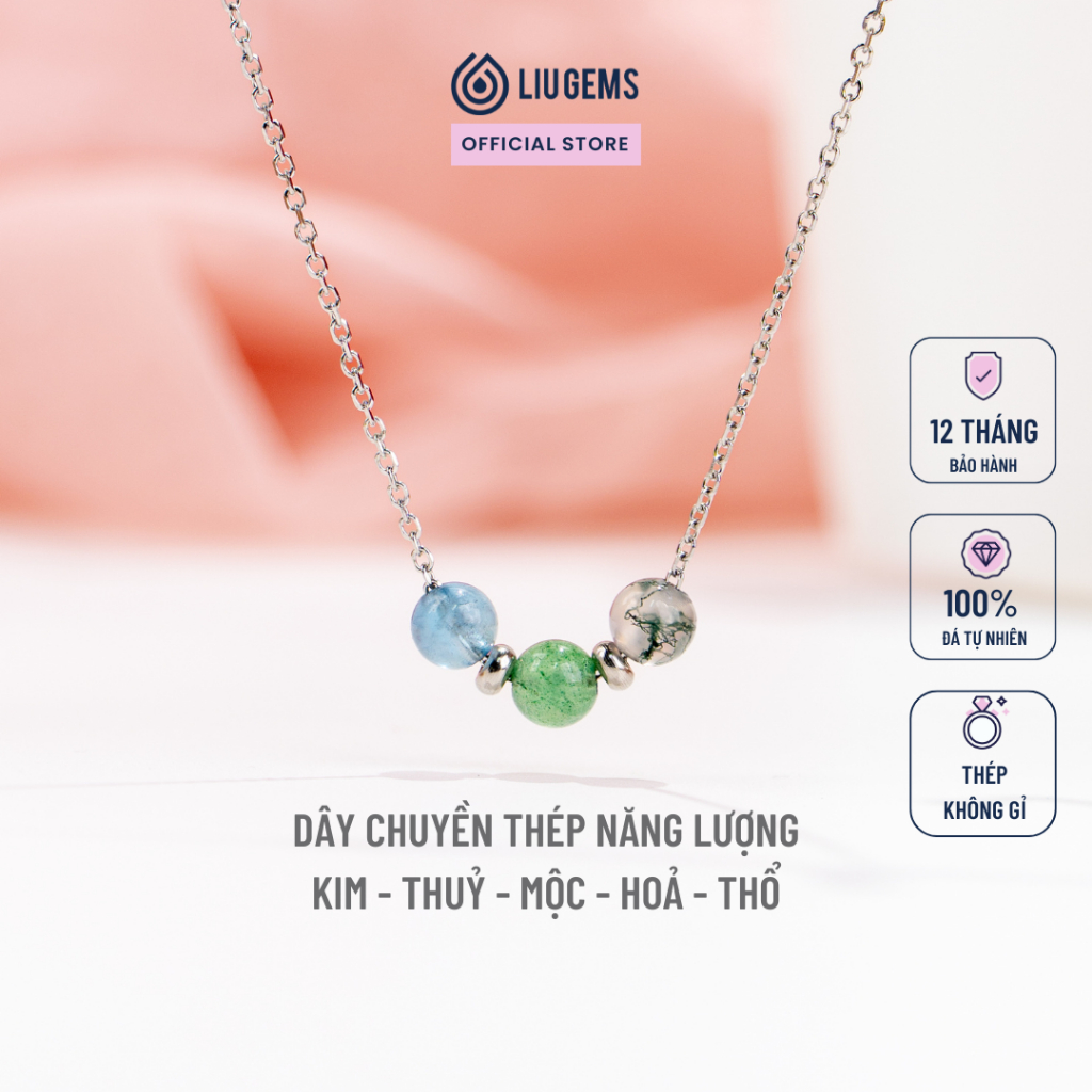 Dây Chuyền Thép Không Gỉ Mix 3 Viên Đá Tự Nhiên Liugems Theo Năng Lượng Kim Thủy Mộc Hỏa Thổ DCT03