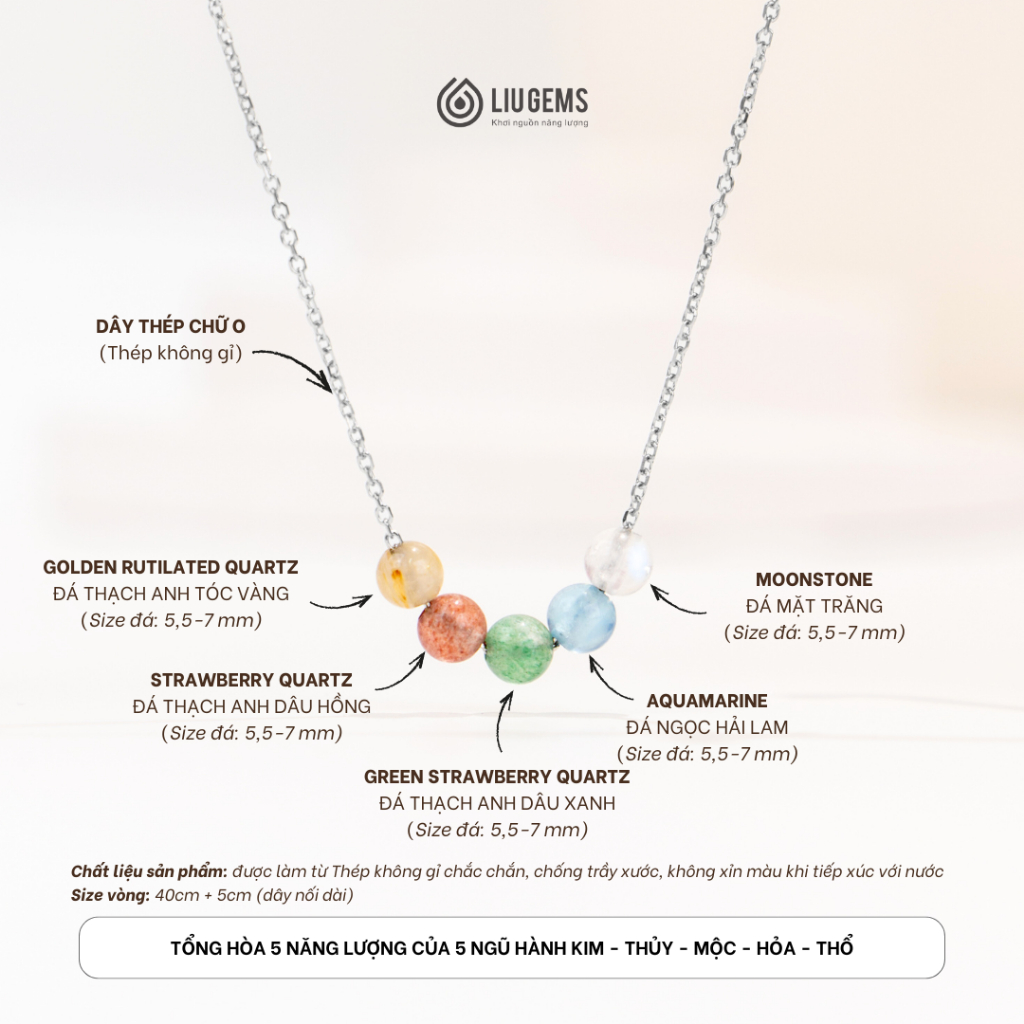 Dây Chuyền Thép Không Gỉ Mix 5 Viên Đá Tự Nhiên Liugems Cân Bằng Ngũ Hành Ý Nghĩa Tích Cực DCT05