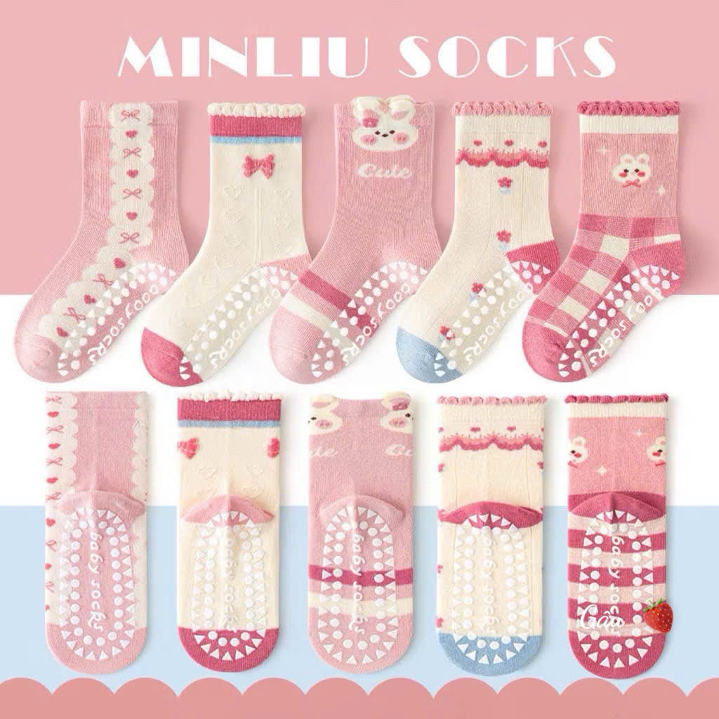 Set 10 đôi tất thỏ hồng chống trơn cho bé 1-12y