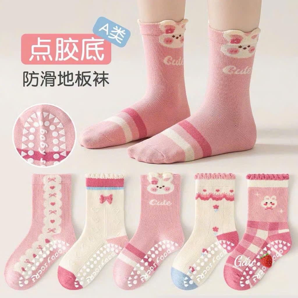 Set 10 đôi tất thỏ hồng chống trơn cho bé 1-12y