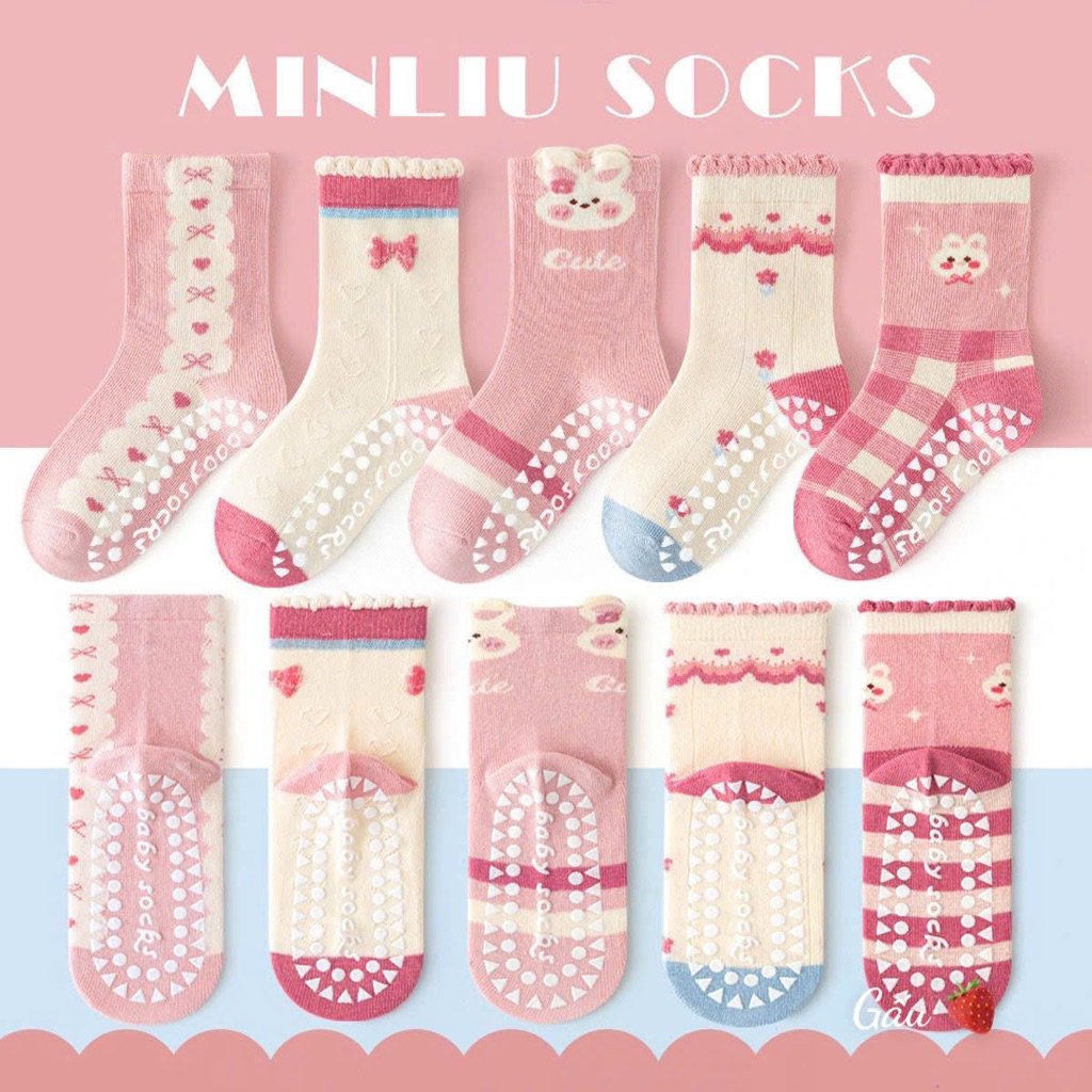 Set 10 đôi tất thỏ hồng chống trơn cho bé 1-12y