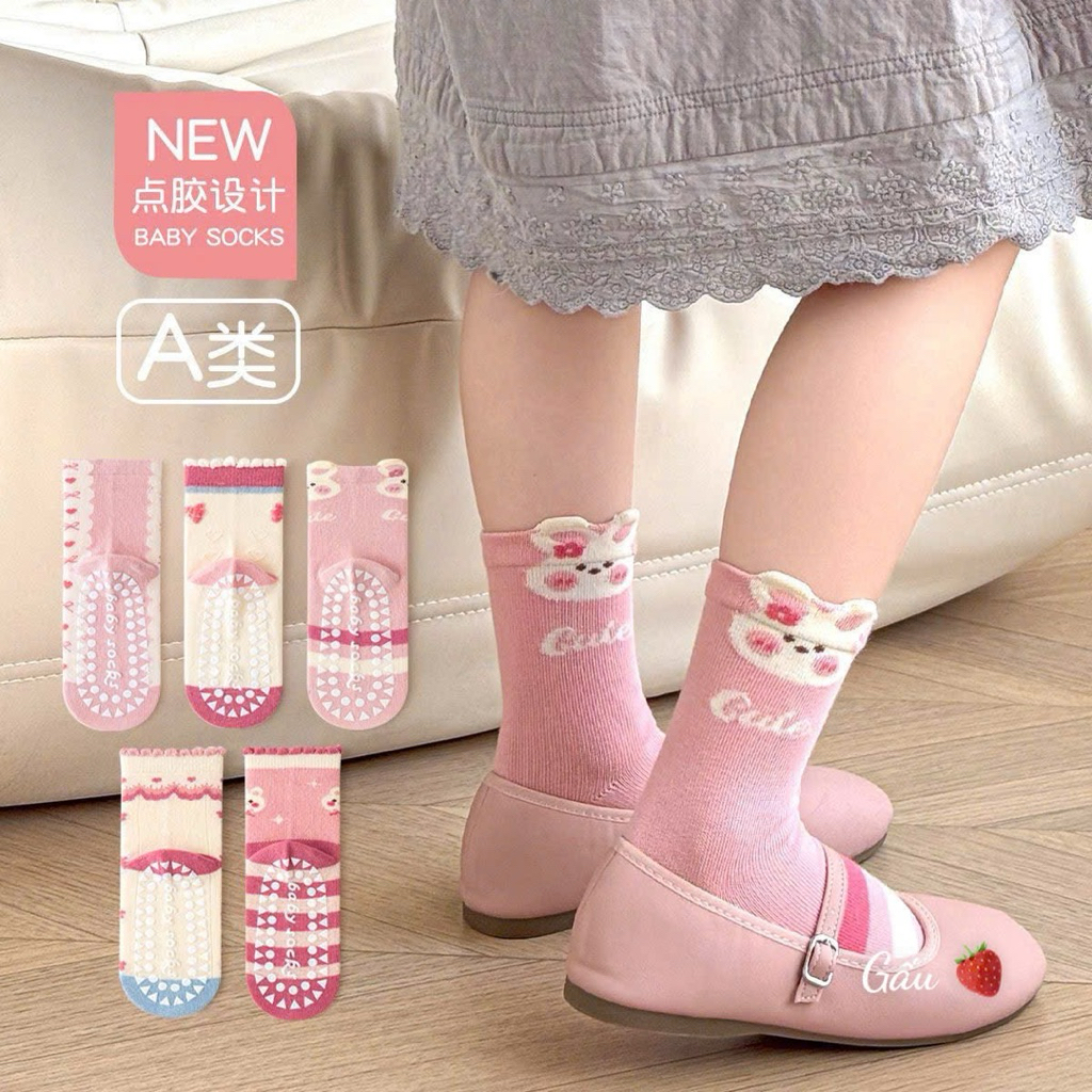Set 10 đôi tất thỏ hồng chống trơn cho bé 1-12y