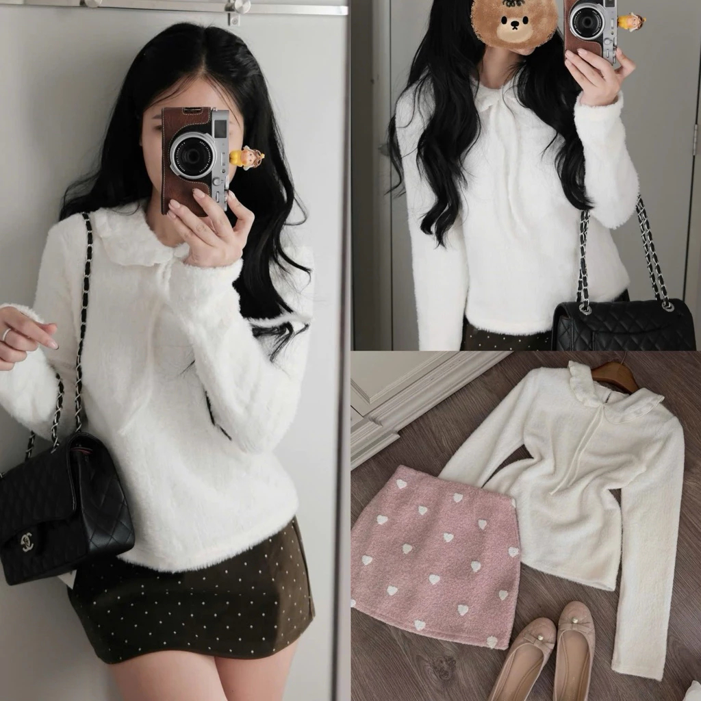 (Hàng Sẵn L1) Áo Thun Lông Mịn Cổ Bèo Nơ Tiểu Thư”Serena White” – Form Xinh Chuẩn Hàn dành Cho Nữ | BigBuy360 - bigbuy360.vn