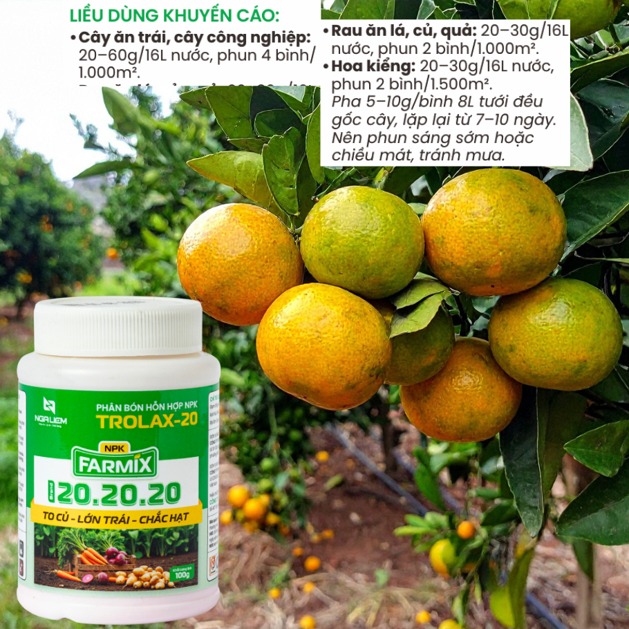 Phân Bón Lá NPK 20-20-20 Farmix (Trolax-20) – To Củ, Lớn Trái, Chắc Hạt